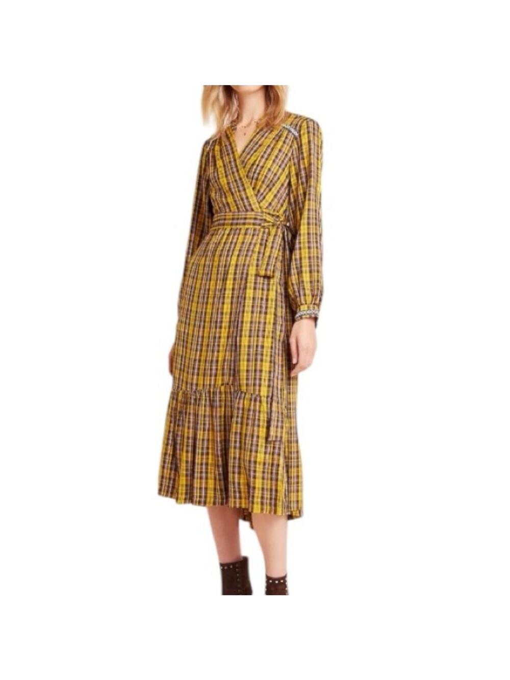 Anthropologie Dalton Prairie Wrap Maxi Dress XS Yellow Plaid Cottagecore Western